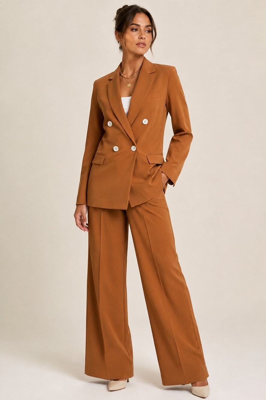 Bershka Camel Double Breasted Pantsuit Small Tailored Blazer Wide Leg Trousers
